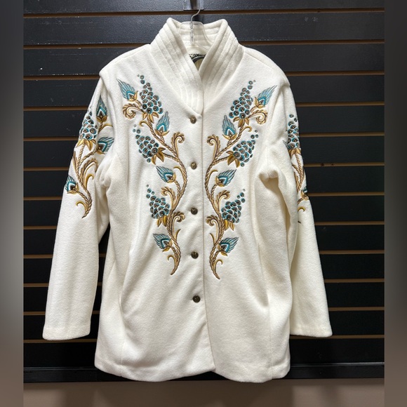 Bob Mackie Jackets & Blazers - Bob Mackie Wearable Art Embroidered Jacket Floral Ivory L Button Front